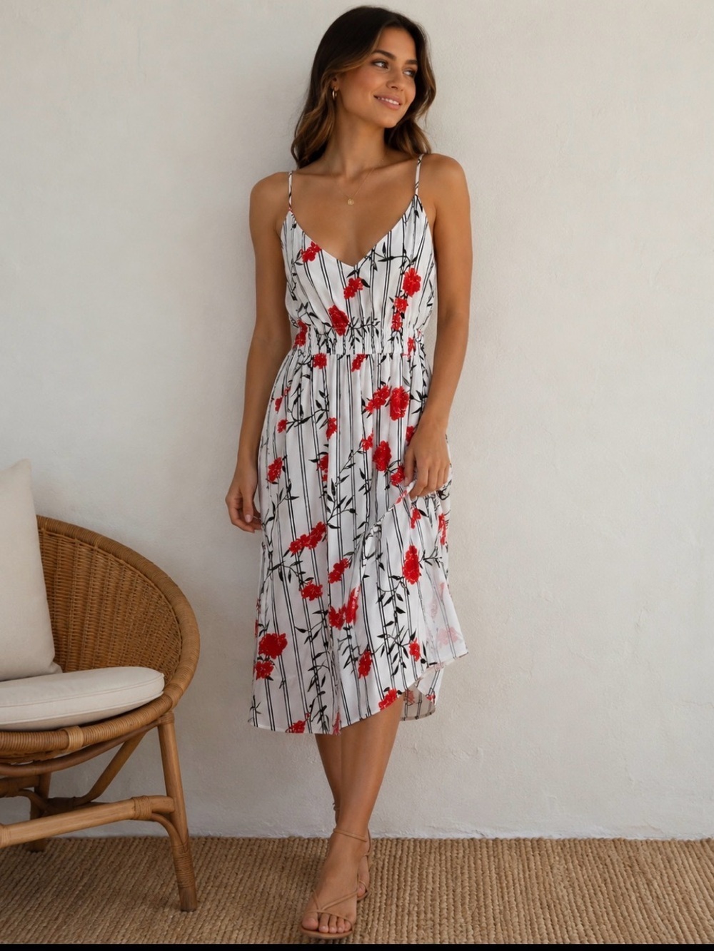 Guess White and Red Sleeveless Sundress with Spaghetti Straps